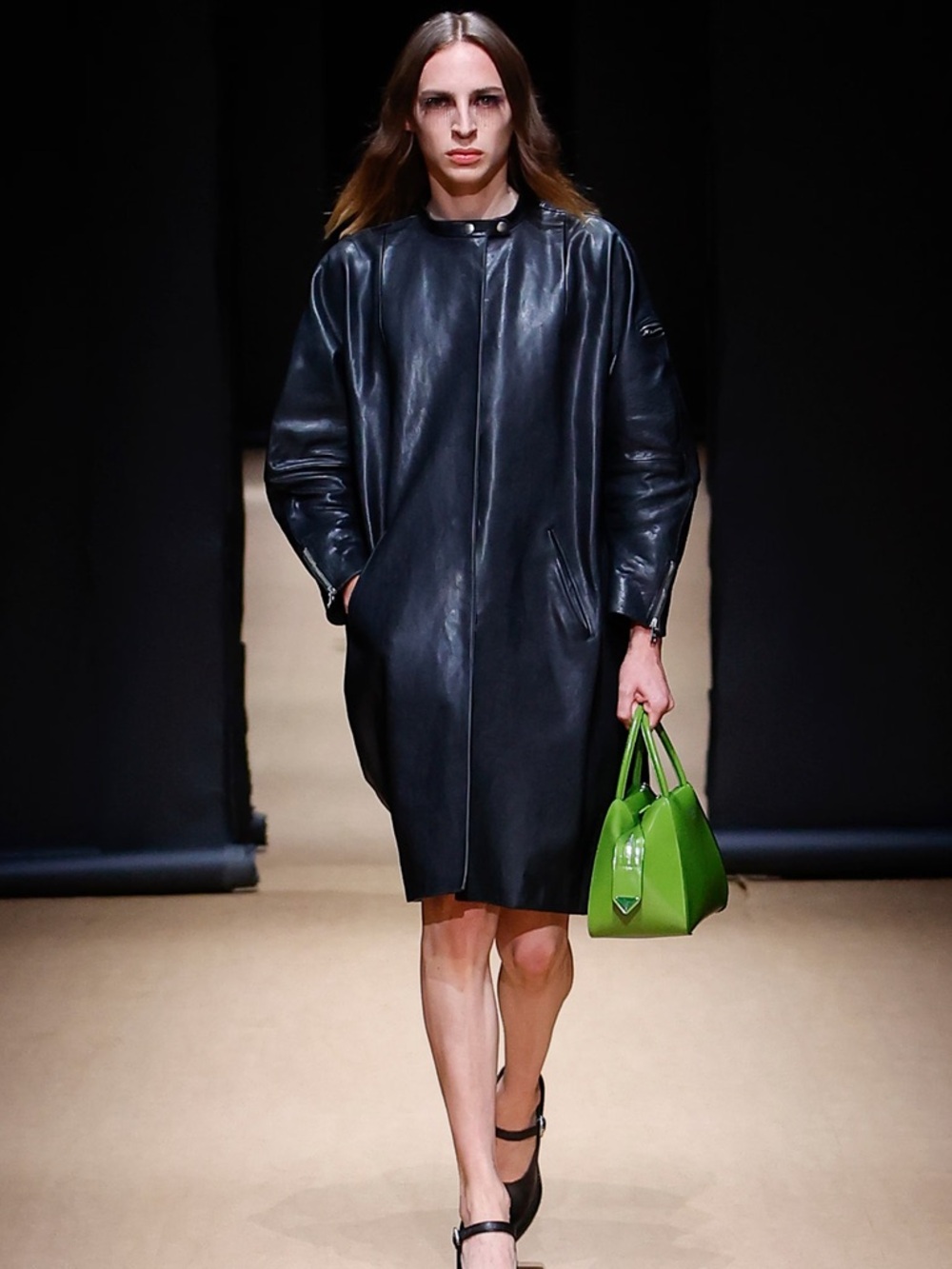 Prada SS23 spring summer 2023 look 37 / Black Leather Long Coat with Snap Collar